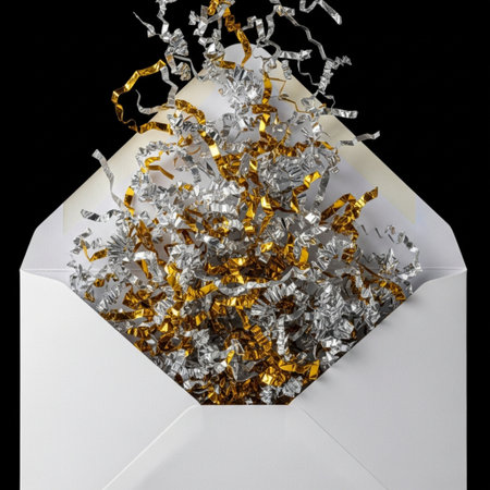 White envelope with golden confetti on a black background. 3d renderingの素材