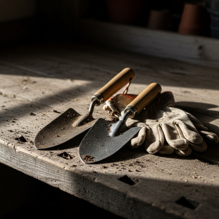 Gardening tools on a wooden table. Selective focus.の素材