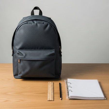 Backpack, notebook and pencil on wooden desk. Back to school conceptの素材