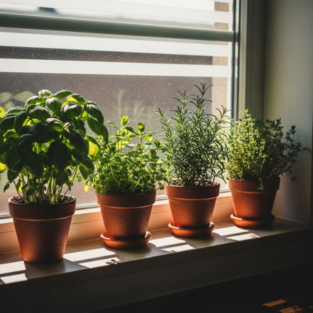 Fresh herbs in terracotta pots on the windowsill. Basil, rosemary, thyme, oreganoの素材