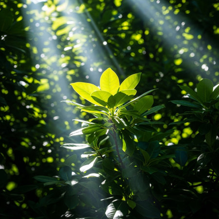 Green leaves in sunlight with lens flare effect. Natural green background.の素材
