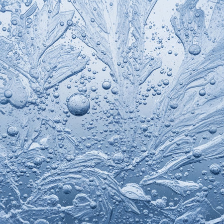 Frost patterns on glass as an abstract background. Blue tone.の素材