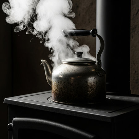 Vintage teapot on a wooden stove in the dark.の素材