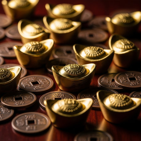 golden chocolates on a wooden table, close-upの素材