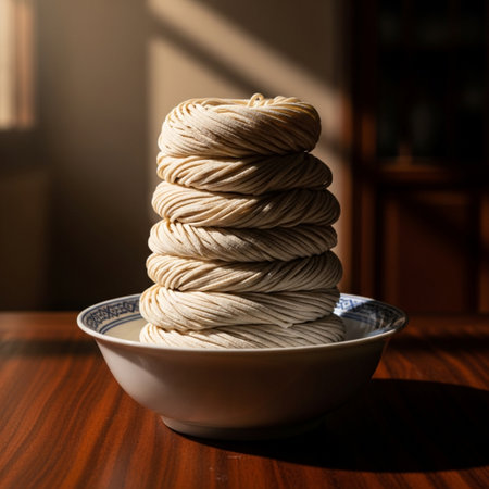 Buckwheat noodle in a bowl on a wooden tableの素材