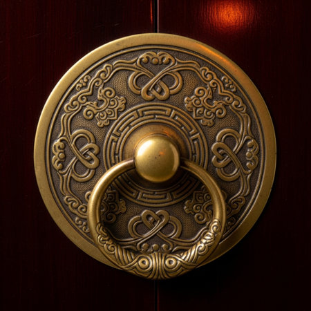 door knocker in the form of a circle on a wooden doorの素材