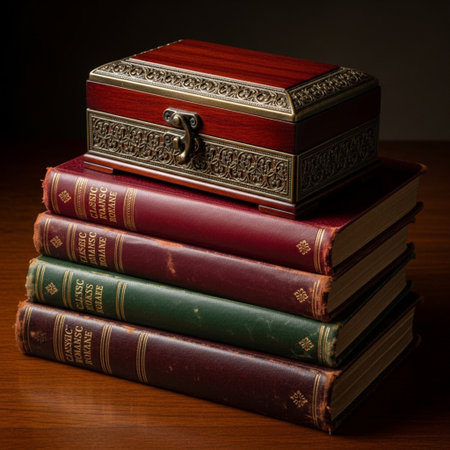 Old books and a wooden box on a wooden table. Dark background.の素材