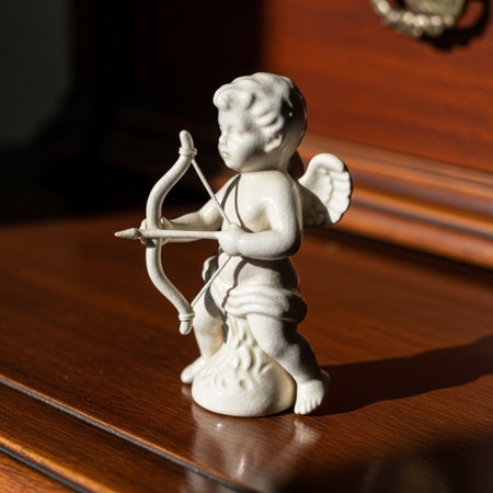 Angelic figurine with bow and arrow on a wooden table.の素材