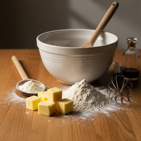 Baking ingredients and kitchen utensils on a wooden table.の素材