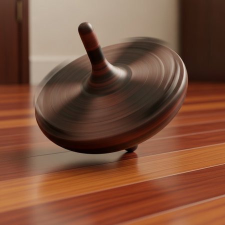 A 3d render of a spinning top on a wooden floor.の素材