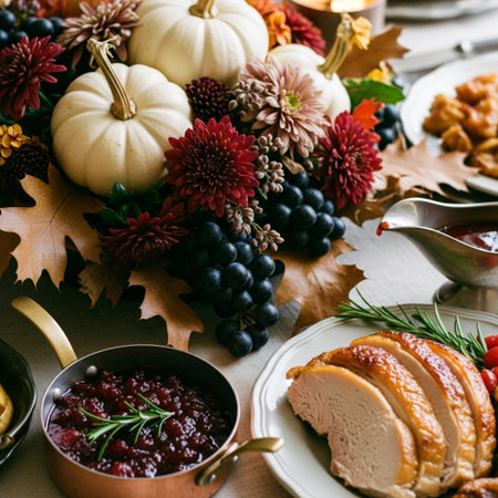 Thanksgiving table setting with turkey, pumpkin, cranberry sauce and autumn leaves.の素材