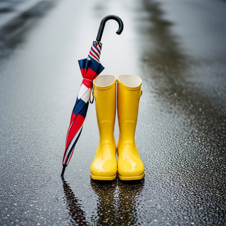 Umbrella and rubber boots on wet asphalt. Selective focus.の素材