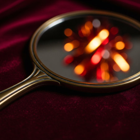 Magnifying glass on a red velvet background with a fire in itの素材