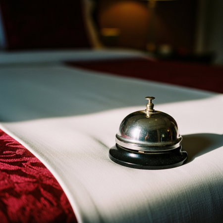 Hotel service bell on a hotel bed. Selective focus.の素材