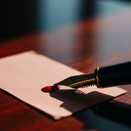 Fountain pen and blank paper on wooden table, shallow depth of fieldの素材