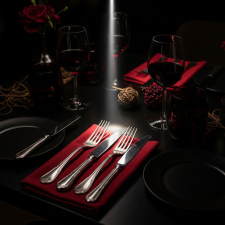 Table setting with red napkins, cutlery and wine glass on black backgroundの素材