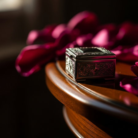 Wedding rings with rose petals on a wooden table.の素材