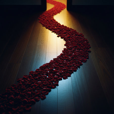 Red rose petals on a wooden floor in the interior of the roomの素材
