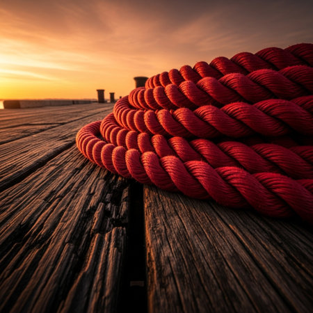 Ropes on a wooden pier at sunset. Toned image.の素材