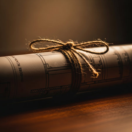 Rolls of old papers tied with twine on a wooden backgroundの素材