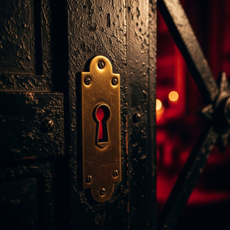 Old door with keyhole in dark room. Shallow depth of field.の素材