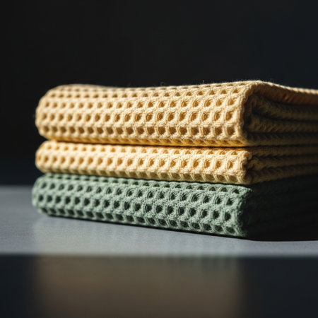 Stack of knitted green and yellow sweaters on a black backgroundの素材