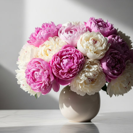 Bouquet of peonies in a vase on the tableの素材