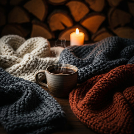 Cozy winter still life with cup of coffee, scarf and burning candle on wooden backgroundの素材