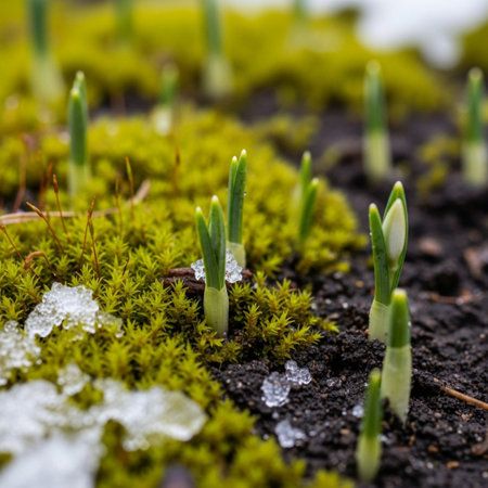 Small sprouts of snowdrops in the ground, close-upの素材