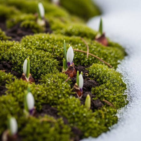 Close-up of crocus sprouts growing out of soil.の素材