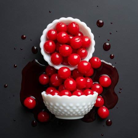 Cherries in a white porcelain bowl on a black backgroundの素材