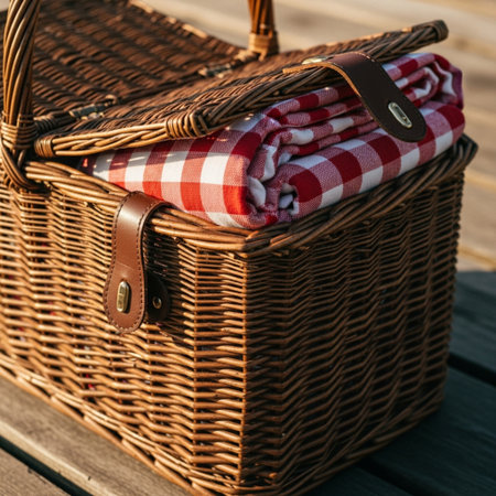 Picnic basket with checkered tablecloth on a wooden deckの素材