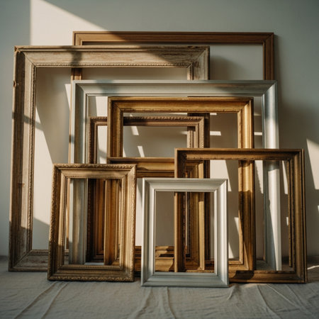 Wooden frames for paintings, mirrors or photo on the wall in the roomの素材