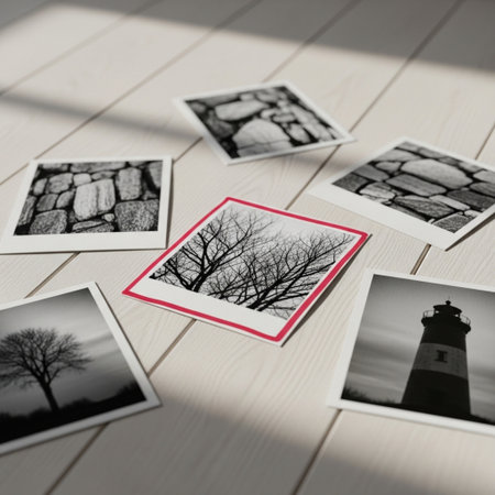 lighthouse and old photos on a wooden background, close-upの素材