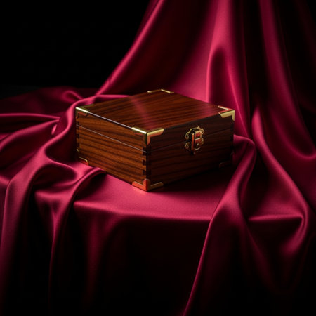 Wooden box on a red silk background. 3d illustration.の素材