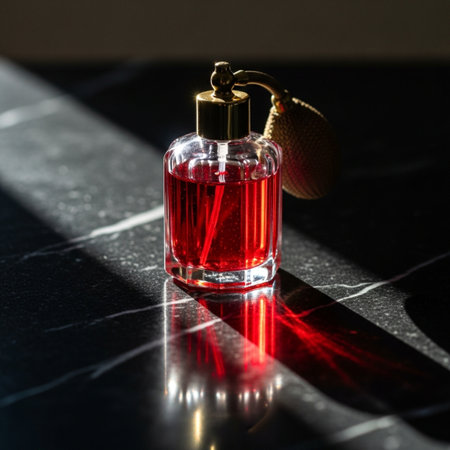 Perfume bottle on a black marble background with a red lightの素材