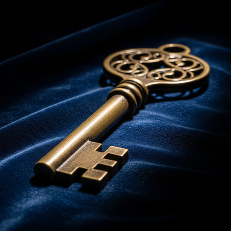 Vintage golden key on blue satin background. Selective focusの素材