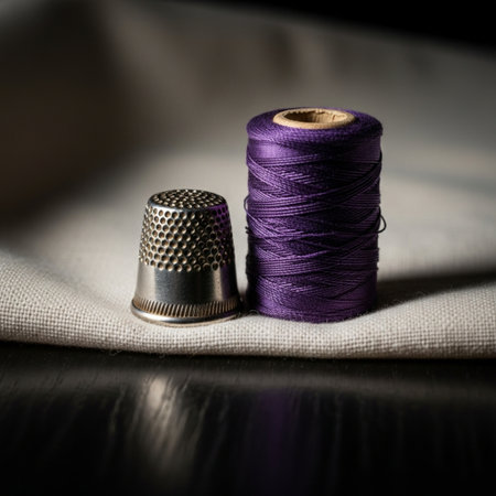 Spool of purple thread and thimble on a black background.の素材