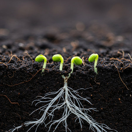 Green seedling illustrating concept of new life and vegetable growth - selective focusの素材