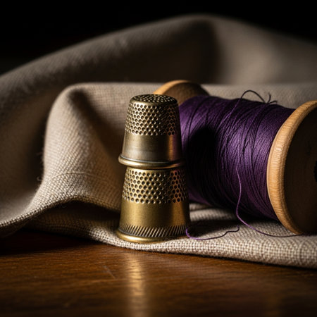 spool of thread and thimble on a wooden table, still lifeの素材