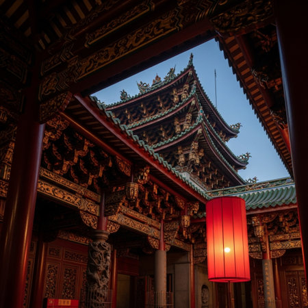 Beautiful chinese temple in the evening, closeup of photoの素材
