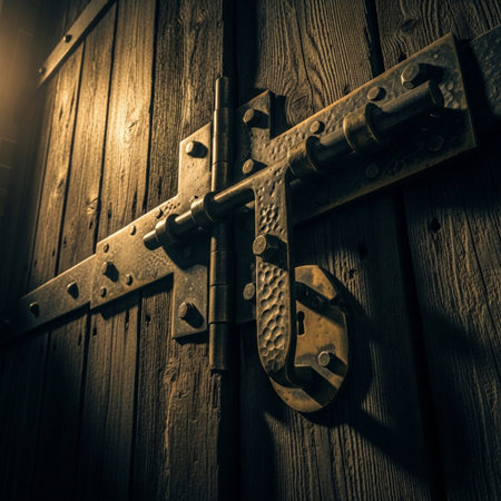 Old wooden door with iron lock. Shallow depth of field. Toned.の素材