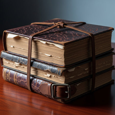 Stack of old books on a wooden table. Shallow depth of fieldの素材