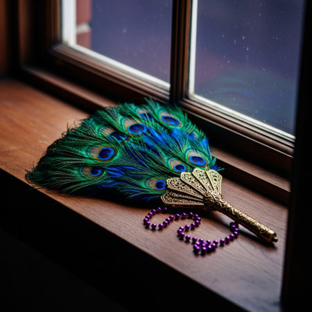 Peacock feather and beads on the windowsill in the roomの素材