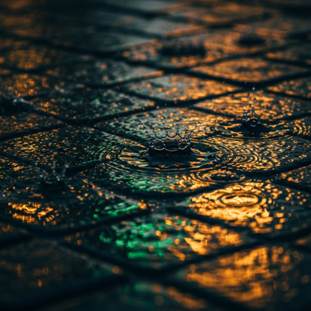 Raindrops on the wet pavement, close-up. Abstract backgroundの素材