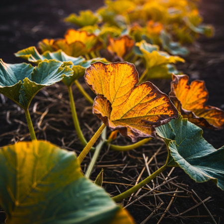 pumpkin seedlings in the field at sunset in autumn.の素材