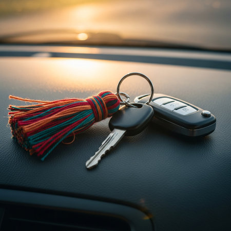 Car key with remote control and car keychain on car dashboard.の素材