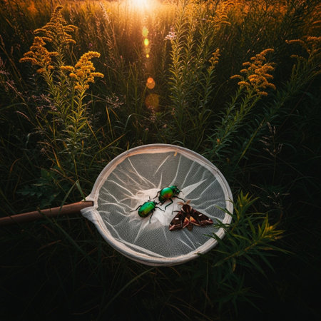 A pair of green beetles in a net on a background of the setting sun.の素材