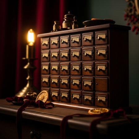 Wooden chest of drawers with candles on a dark background.の素材