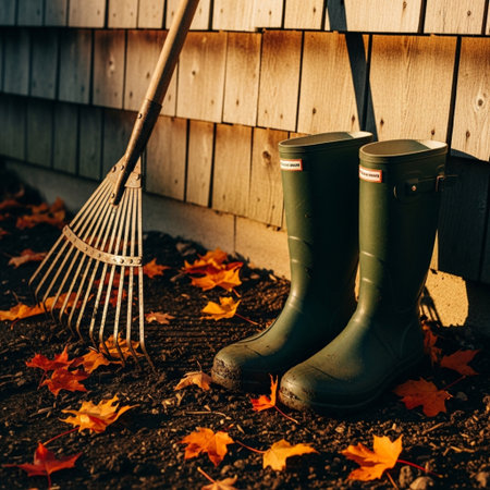 Garden rubber boots and rake on the ground. Autumn background.の素材